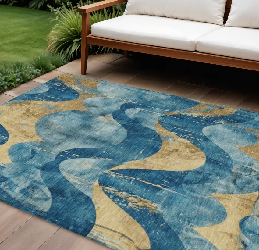 Teal Blue And Gold Abstract Washable Indoor Outdoor Area Rug Photo 2