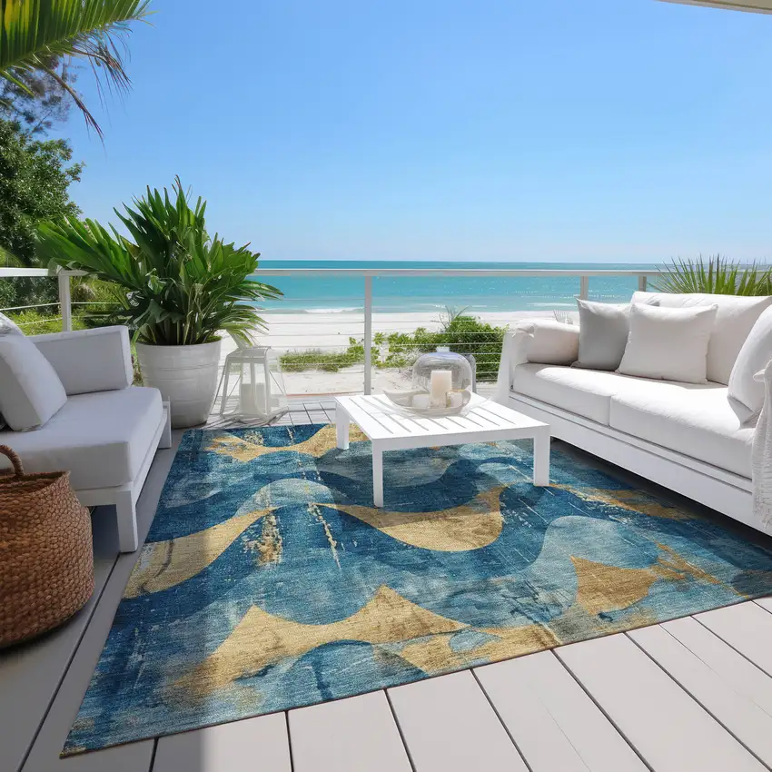 Teal Blue And Gold Abstract Washable Indoor Outdoor Area Rug Photo 7