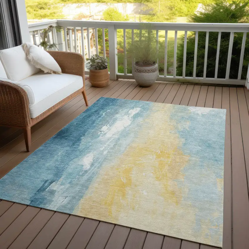 Teal Blue And Gold Abstract Washable Indoor Outdoor Area Rug Photo 3