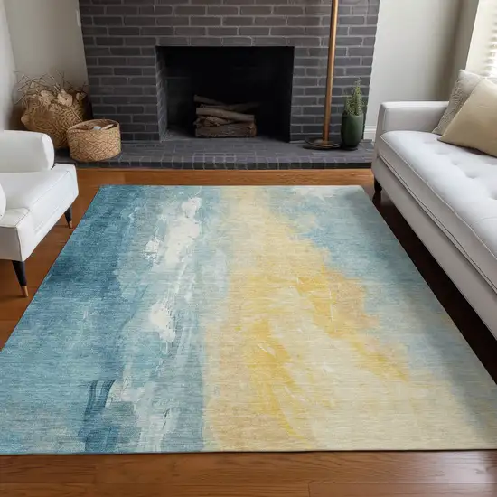 Teal Blue And Gold Abstract Washable Indoor Outdoor Area Rug Photo 5