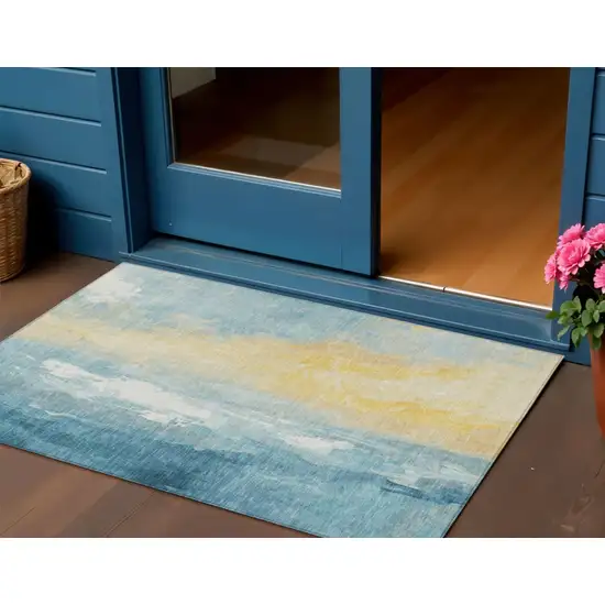 Teal Blue And Gold Abstract Washable Indoor Outdoor Area Rug Photo 2