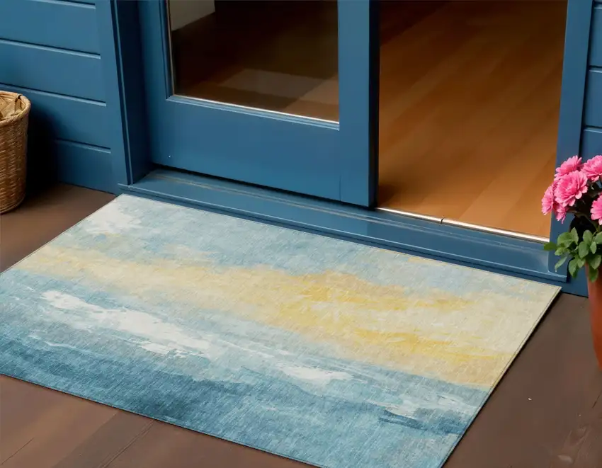 Teal Blue And Gold Abstract Washable Indoor Outdoor Area Rug Photo 2