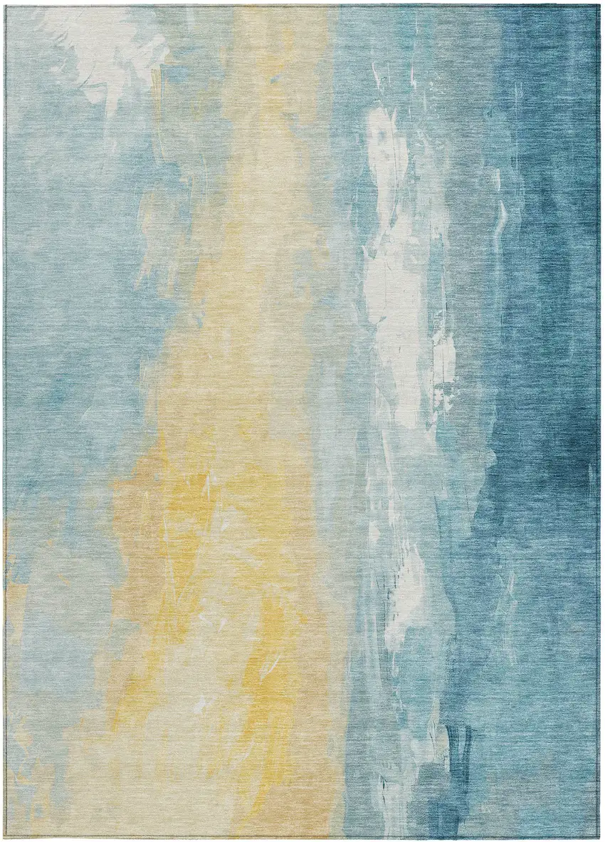Teal Blue And Gold Abstract Washable Indoor Outdoor Area Rug Photo 1