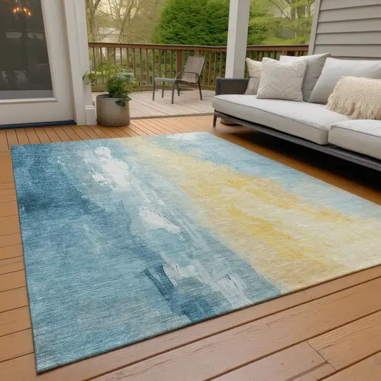 Teal Blue And Gold Abstract Washable Indoor Outdoor Area Rug Photo 7