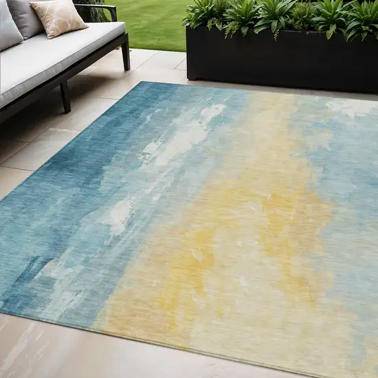 Teal Blue And Gold Abstract Washable Indoor Outdoor Area Rug Photo 2