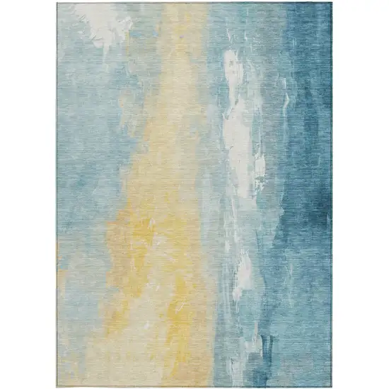 Teal Blue And Gold Abstract Washable Indoor Outdoor Area Rug Photo 1