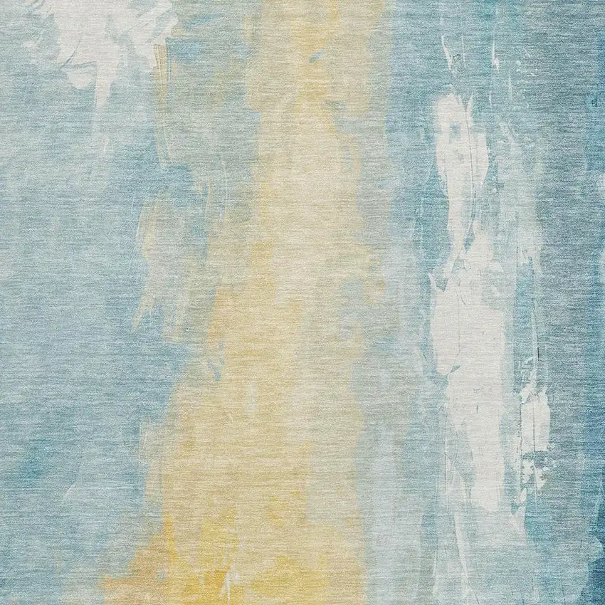 Teal Blue And Gold Abstract Washable Indoor Outdoor Area Rug Photo 3