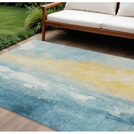 Teal Blue And Gold Abstract Washable Indoor Outdoor Area Rug Photo 2