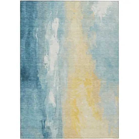 Teal Blue And Gold Abstract Washable Indoor Outdoor Area Rug Photo 8