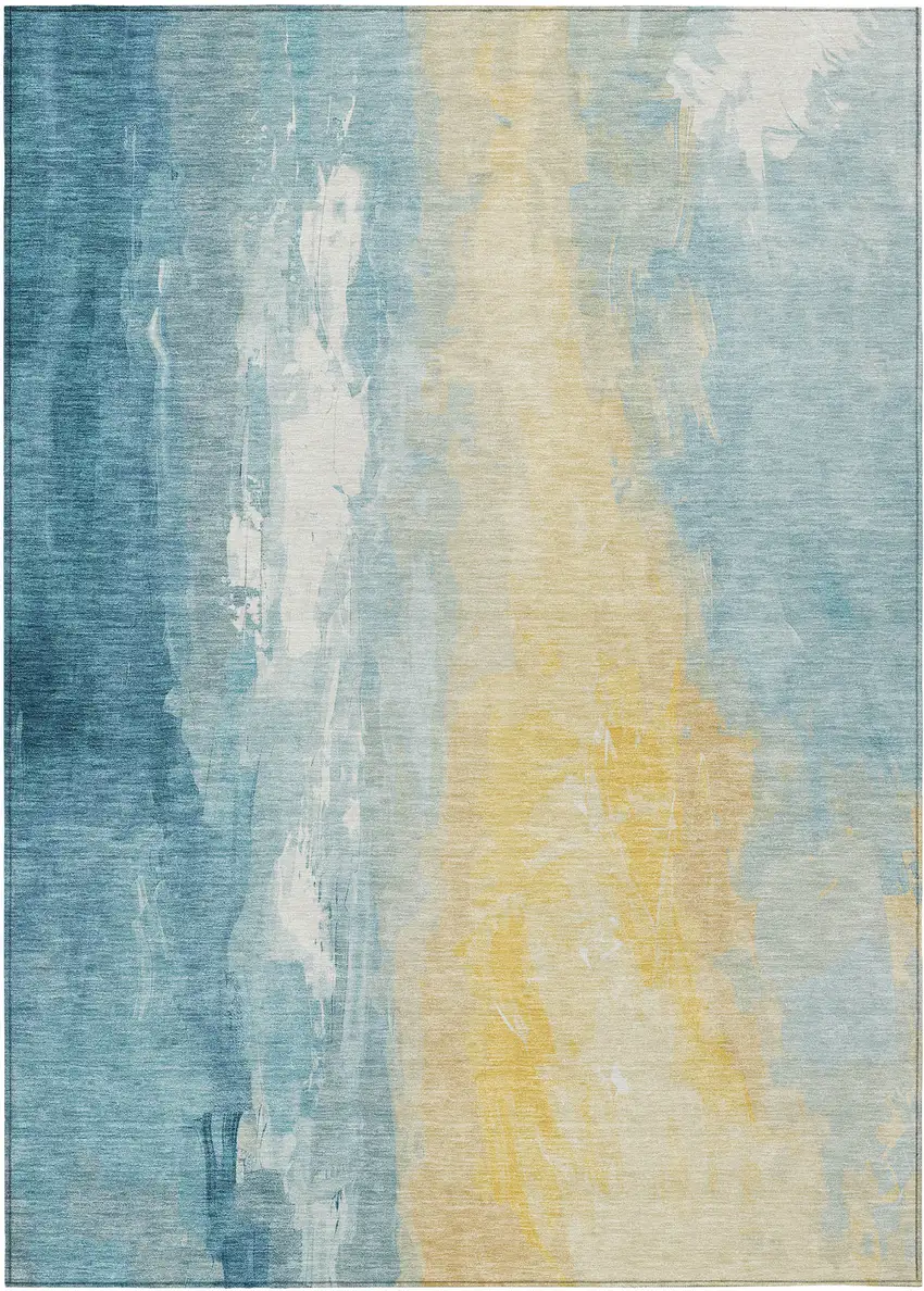 Teal Blue And Gold Abstract Washable Indoor Outdoor Area Rug Photo 8