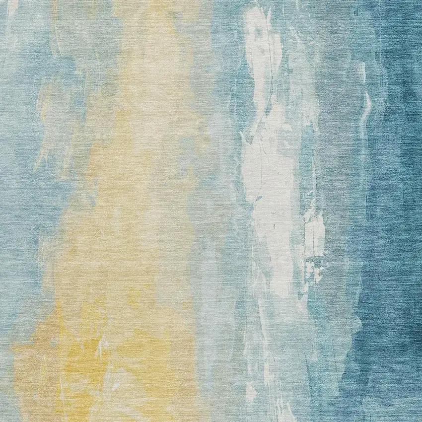 Teal Blue And Gold Abstract Washable Indoor Outdoor Area Rug Photo 3