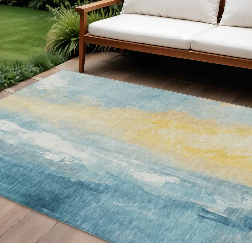 Teal Blue And Gold Abstract Washable Indoor Outdoor Area Rug Photo 2