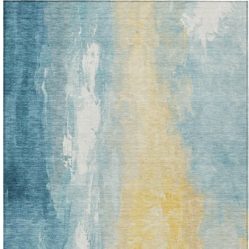 Teal Blue And Gold Abstract Washable Indoor Outdoor Area Rug Photo 1
