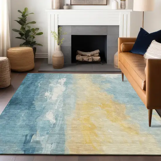 Teal Blue And Gold Abstract Washable Indoor Outdoor Area Rug Photo 5