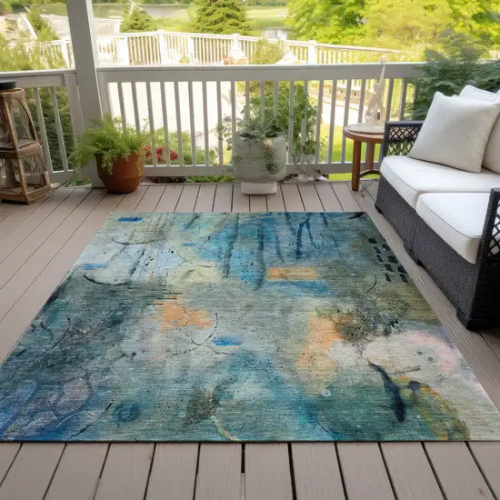 Teal Blue And Gold Abstract Washable Indoor Outdoor Area Rug Photo 7