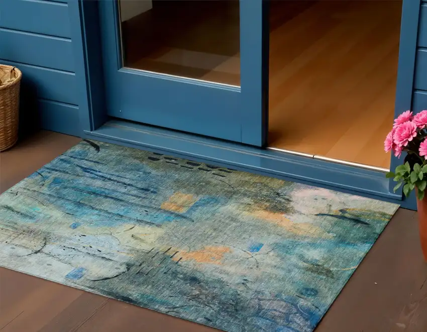 Teal Blue And Gold Abstract Washable Indoor Outdoor Area Rug Photo 2