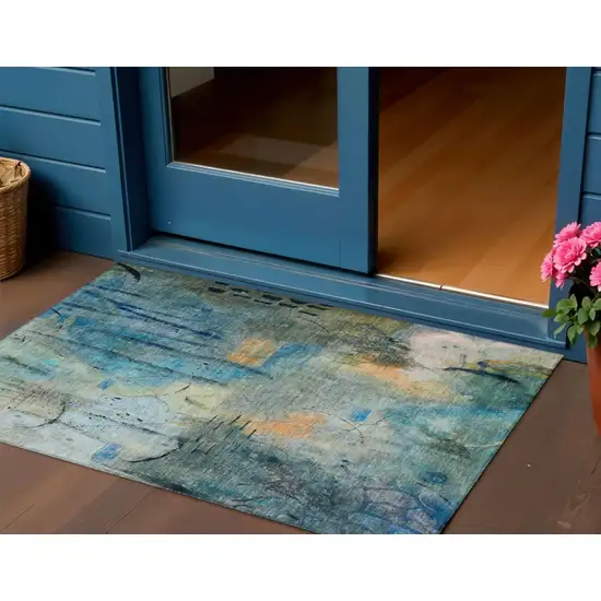Teal Blue And Gold Abstract Washable Indoor Outdoor Area Rug Photo 2