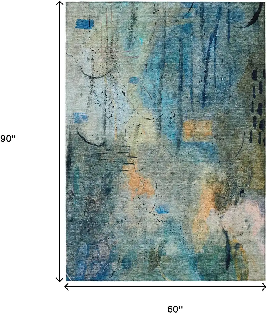 Teal Blue And Gold Abstract Washable Indoor Outdoor Area Rug Photo 9