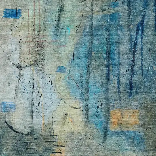 Teal Blue And Gold Abstract Washable Indoor Outdoor Area Rug Photo 6