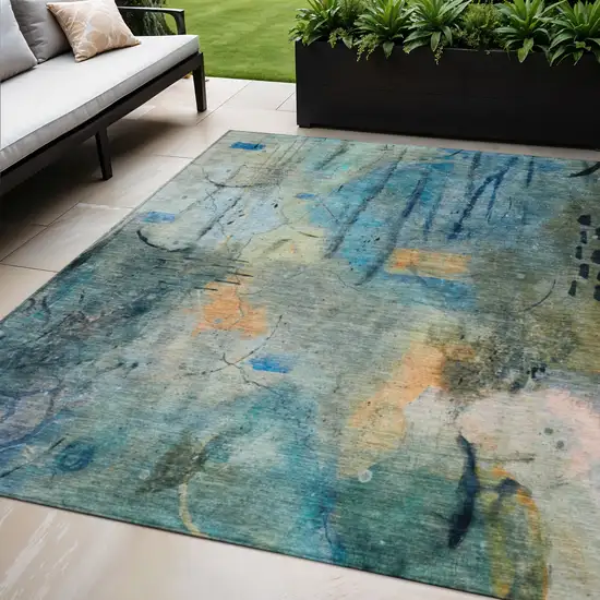 Teal Blue And Gold Abstract Washable Indoor Outdoor Area Rug Photo 2