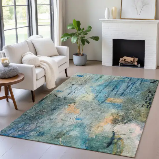 Teal Blue And Gold Abstract Washable Indoor Outdoor Area Rug Photo 4