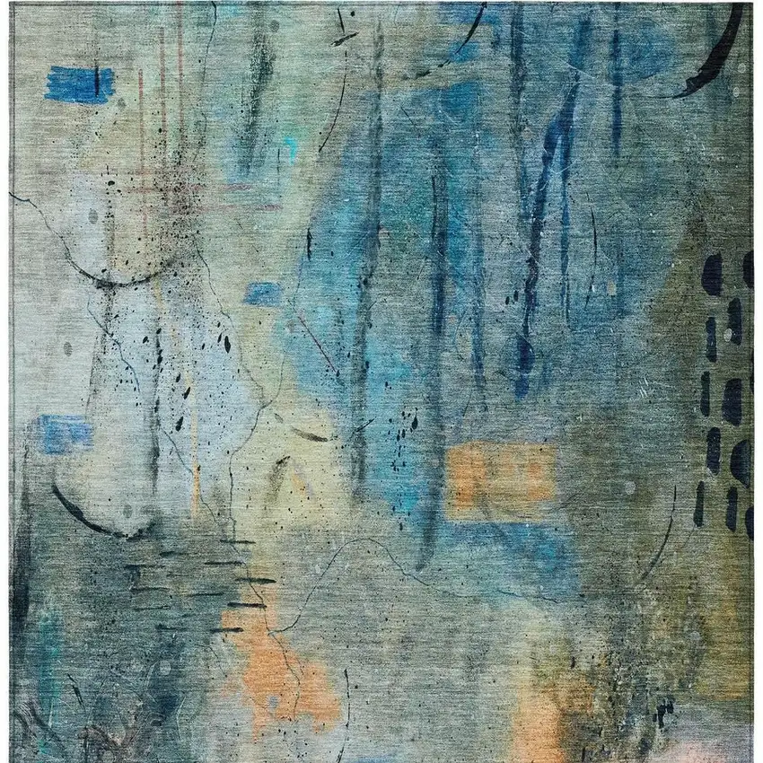 Teal Blue And Gold Abstract Washable Indoor Outdoor Area Rug Photo 6