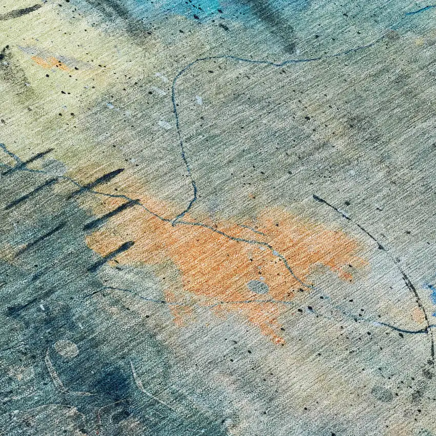 Teal Blue And Gold Abstract Washable Indoor Outdoor Area Rug Photo 1