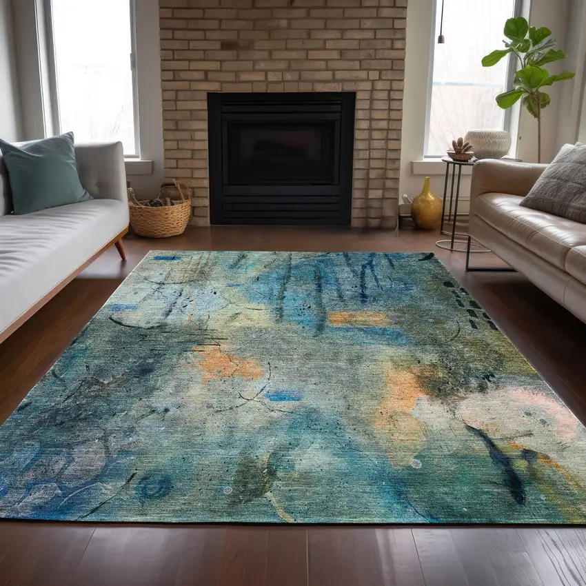 Teal Blue And Gold Abstract Washable Indoor Outdoor Area Rug Photo 6