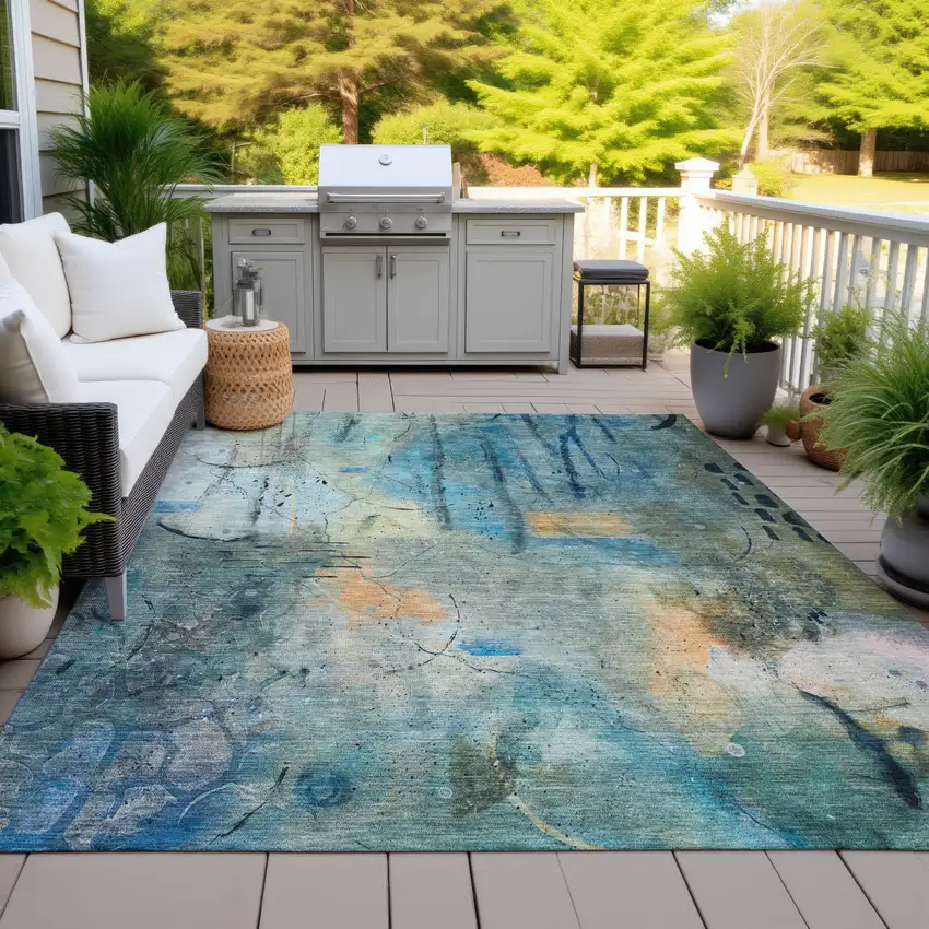 Teal Blue And Gold Abstract Washable Indoor Outdoor Area Rug Photo 3