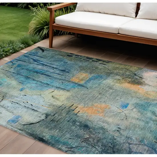 Teal Blue And Gold Abstract Washable Indoor Outdoor Area Rug Photo 2