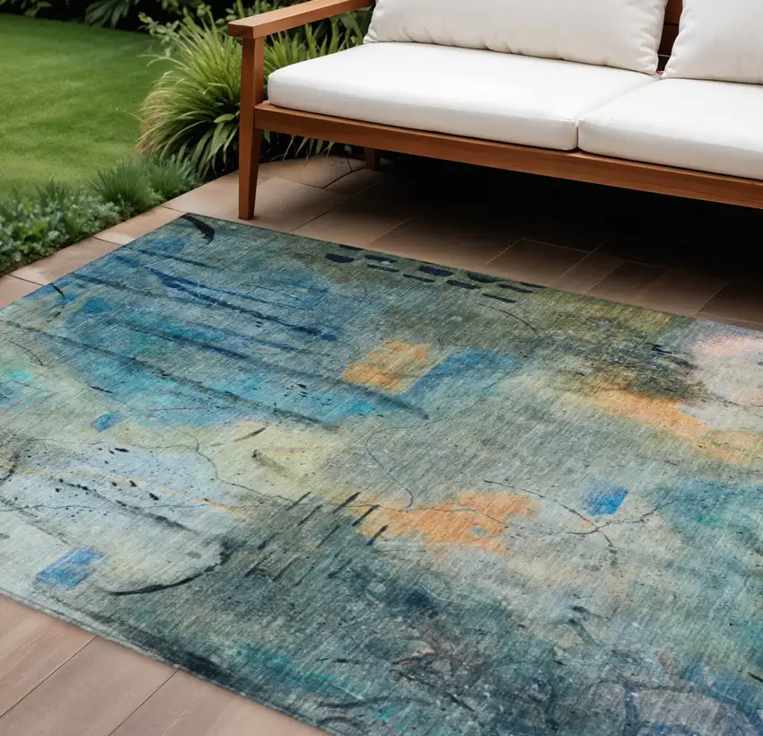 Teal Blue And Gold Abstract Washable Indoor Outdoor Area Rug Photo 2