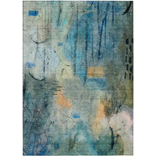Teal Blue And Gold Abstract Washable Indoor Outdoor Area Rug Photo 7