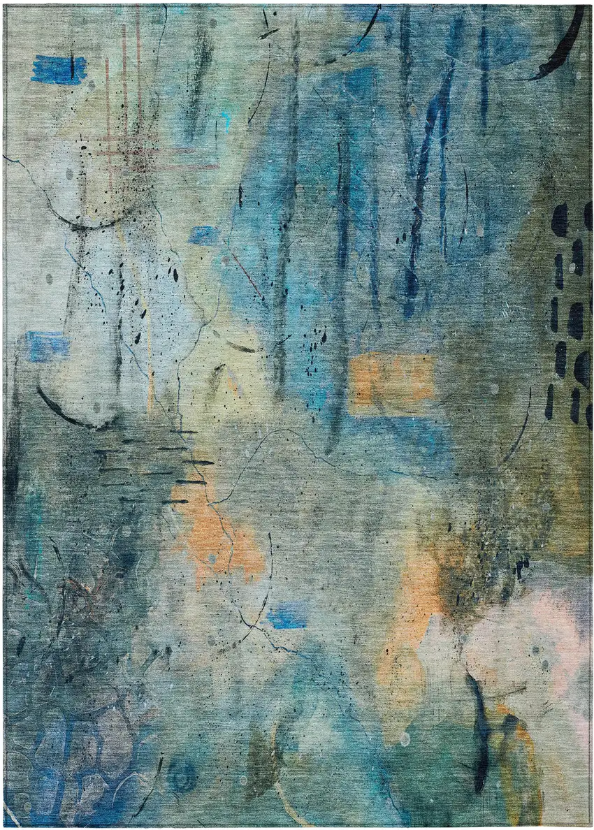 Teal Blue And Gold Abstract Washable Indoor Outdoor Area Rug Photo 7