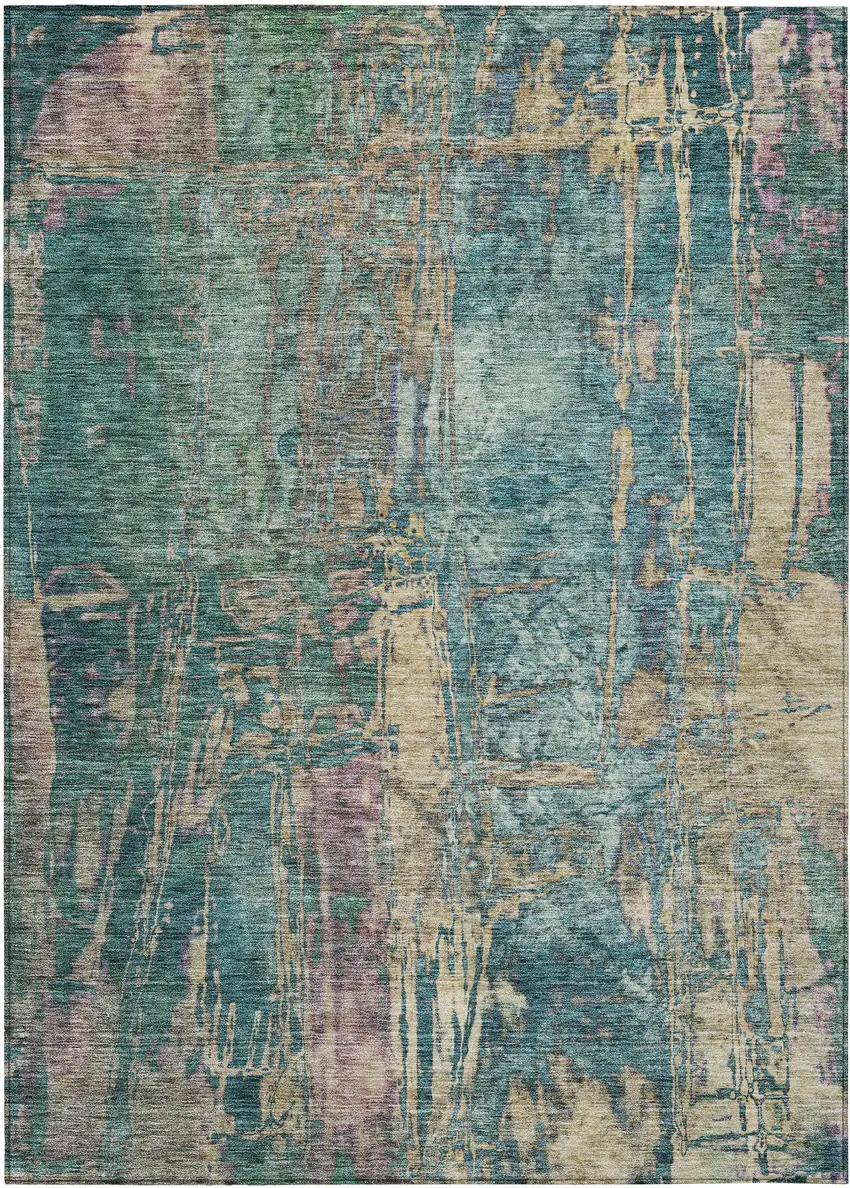Teal Blue And Gold Abstract Washable Indoor Outdoor Area Rug Photo 2