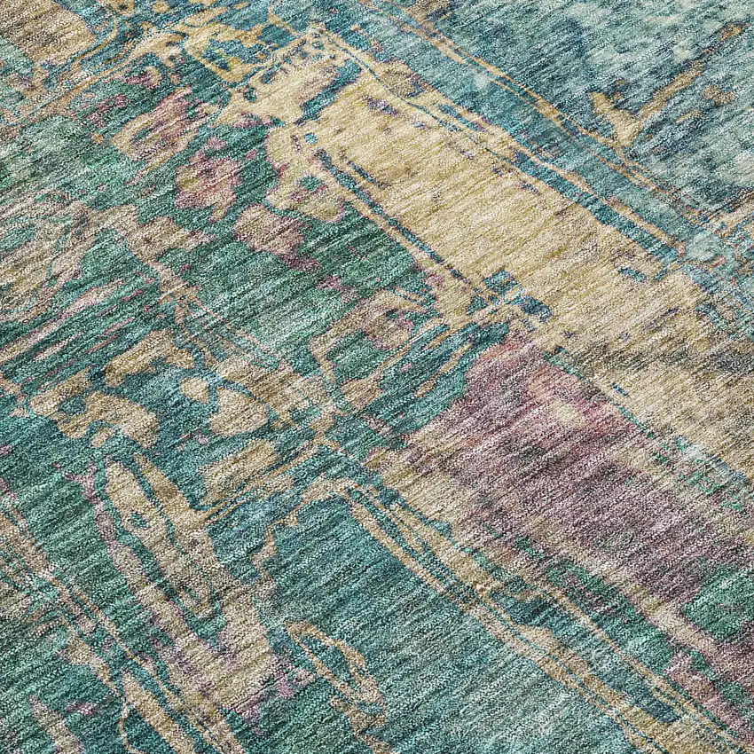 Teal Blue And Gold Abstract Washable Indoor Outdoor Area Rug Photo 9