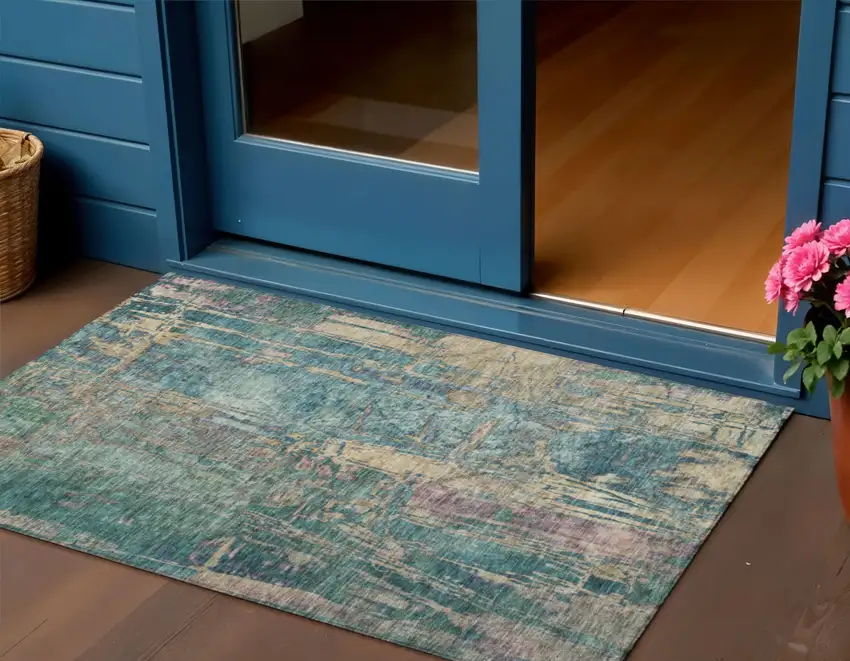 Teal Blue And Gold Abstract Washable Indoor Outdoor Area Rug Photo 1