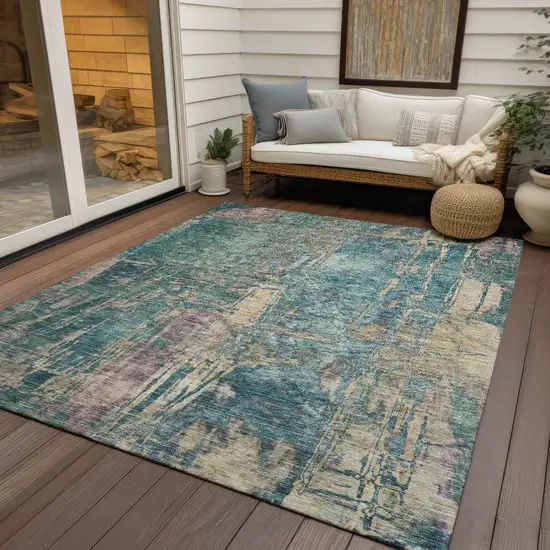 Teal Blue And Gold Abstract Washable Indoor Outdoor Area Rug Photo 8