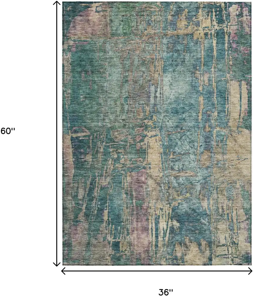 Teal Blue And Gold Abstract Washable Indoor Outdoor Area Rug Photo 3