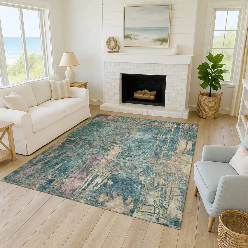 Teal Blue And Gold Abstract Washable Indoor Outdoor Area Rug Photo 6