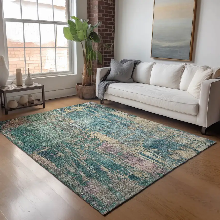 Teal Blue And Gold Abstract Washable Indoor Outdoor Area Rug Photo 7