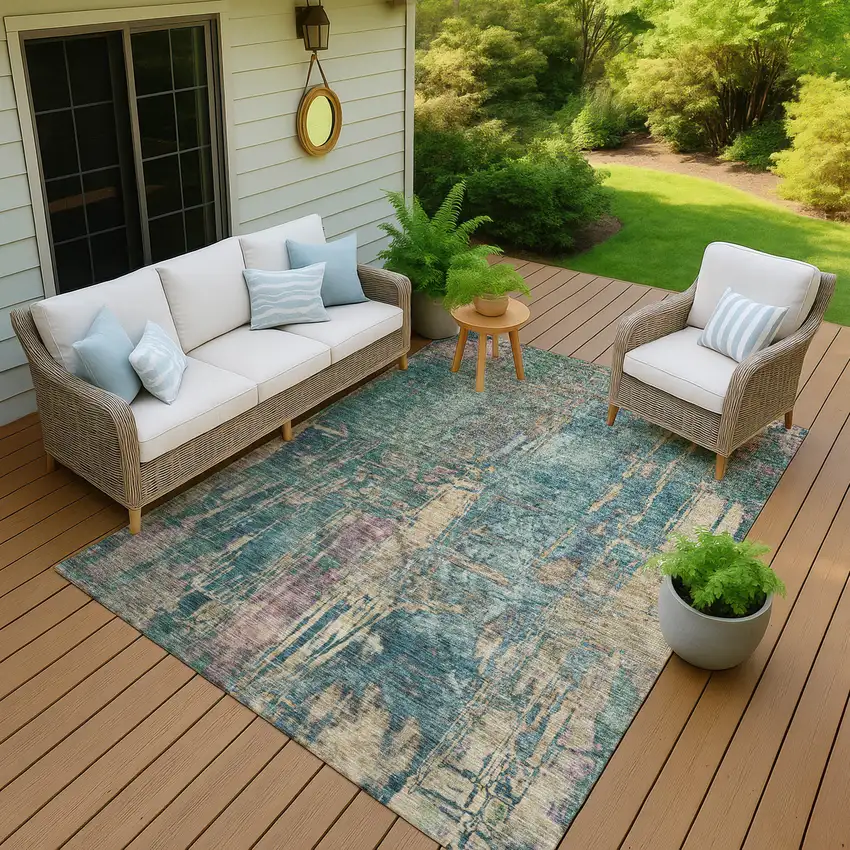 Teal Blue And Gold Abstract Washable Indoor Outdoor Area Rug Photo 5