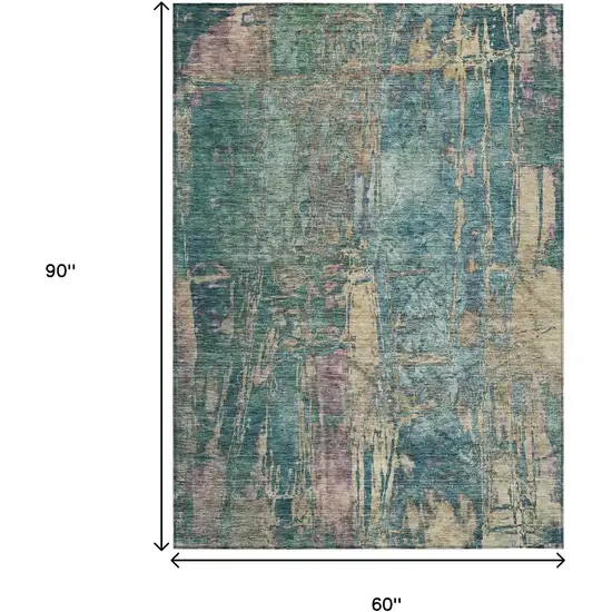 Teal Blue And Gold Abstract Washable Indoor Outdoor Area Rug Photo 3