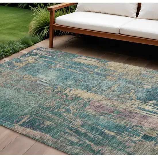 Teal Blue And Gold Abstract Washable Indoor Outdoor Area Rug Photo 1