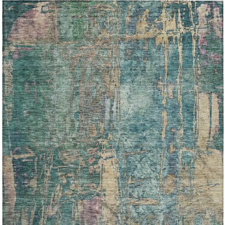 Teal Blue And Gold Abstract Washable Indoor Outdoor Area Rug Photo 5