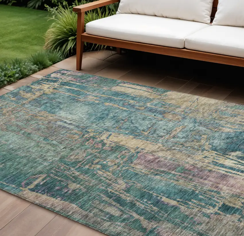 Teal Blue And Gold Abstract Washable Indoor Outdoor Area Rug Photo 1