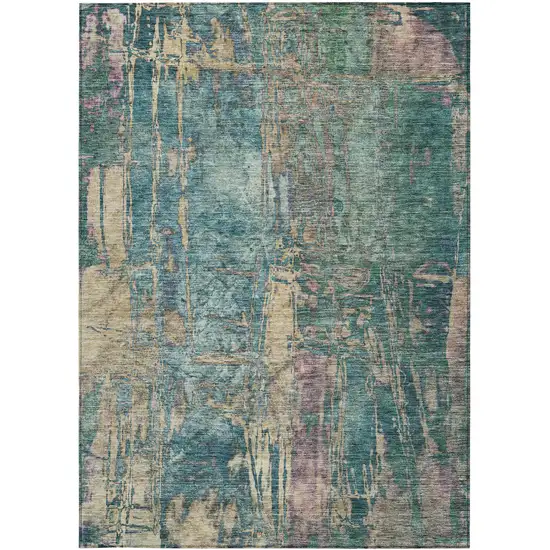Teal Blue And Gold Abstract Washable Indoor Outdoor Area Rug Photo 4