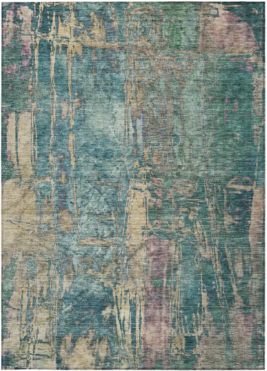 Teal Blue And Gold Abstract Washable Indoor Outdoor Area Rug Photo 4