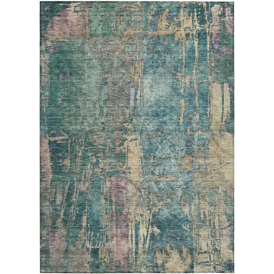 Teal Blue And Gold Abstract Washable Indoor Outdoor Area Rug Photo 2