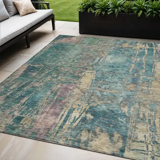 Teal Blue And Gold Abstract Washable Indoor Outdoor Area Rug Photo 1
