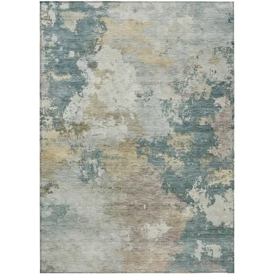 Teal Blue And Gold Abstract Washable Indoor Outdoor Area Rug Photo 9